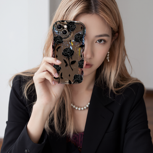 Black Rose Shockproof Wavy Case for iPhone 13–16 Series