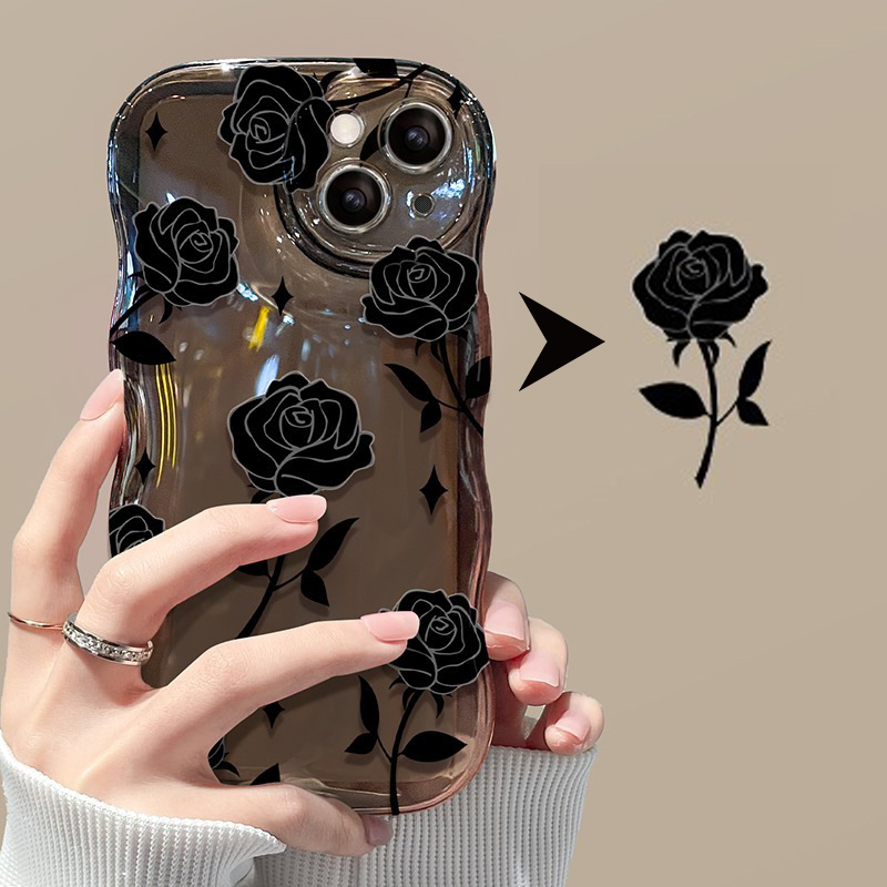 Black Rose Shockproof Wavy Case for iPhone 13–16 Series