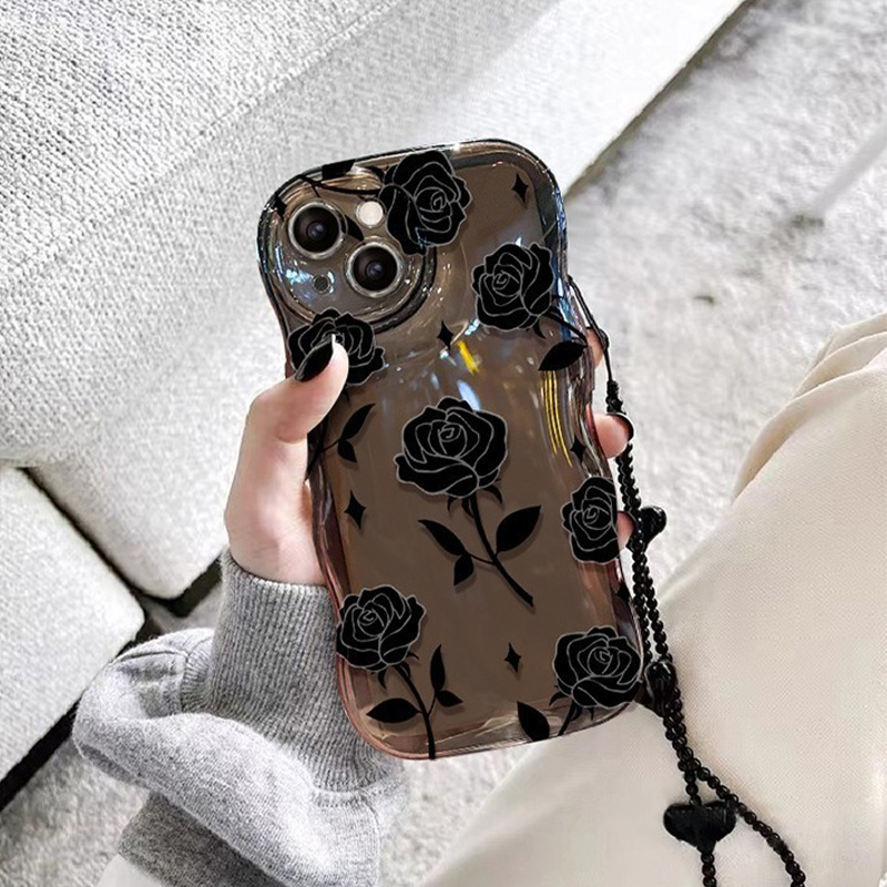 Black Rose Shockproof Wavy Case for iPhone 13–16 Series